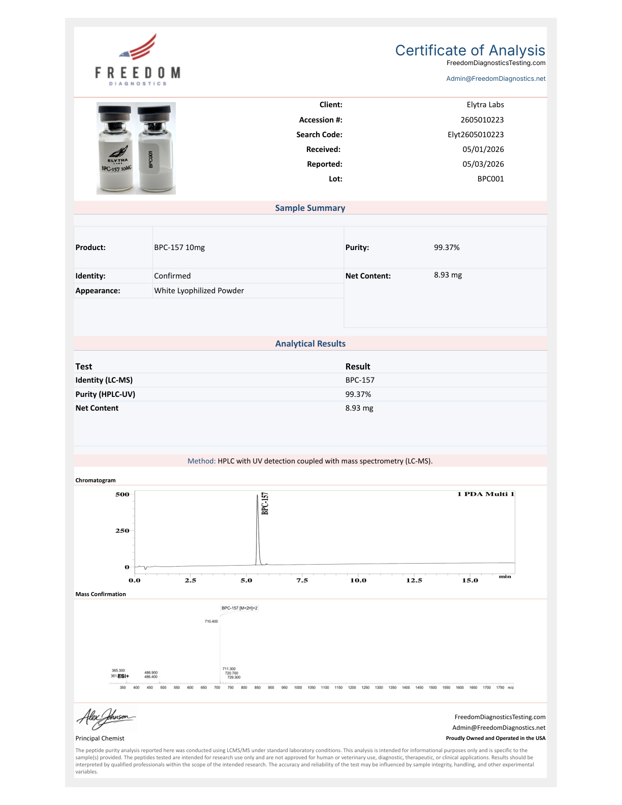 Certificate of Analysis for BPC-157, lot BPC001, showing 99.37% purity by HPLC-UV / LC-MS