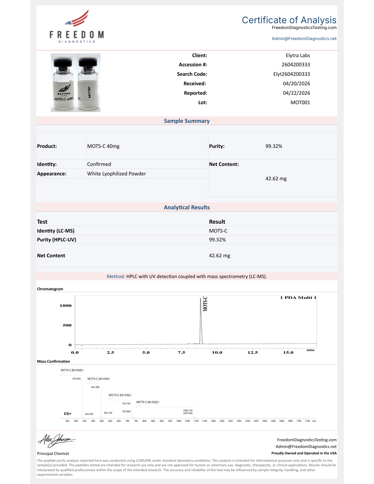 Certificate of Analysis for MOTS-C, lot MOT001, showing 99.32% purity by HPLC-UV / LC-MS
