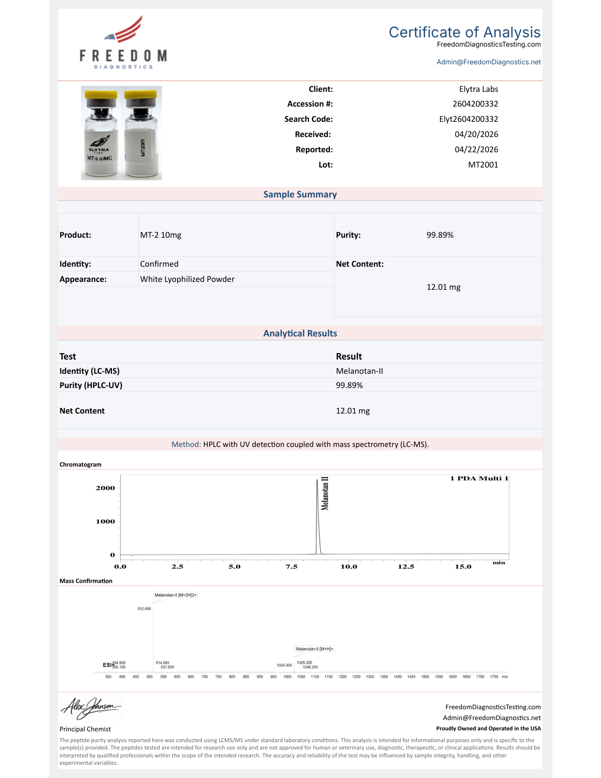 Certificate of Analysis for MT-2, lot MT2001, showing 99.89% purity by HPLC-UV / LC-MS