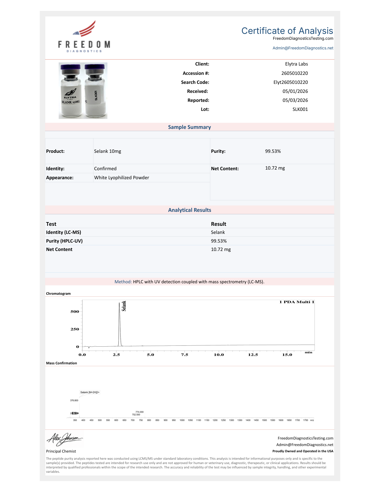 Certificate of Analysis for Selank, lot SLK001, showing 99.53% purity by HPLC-UV / LC-MS